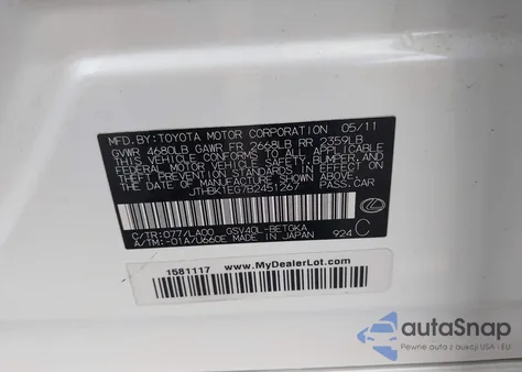 2011 Lexus Es 350 из США, поврежденный, VIN JTHBK1EG7B2451267